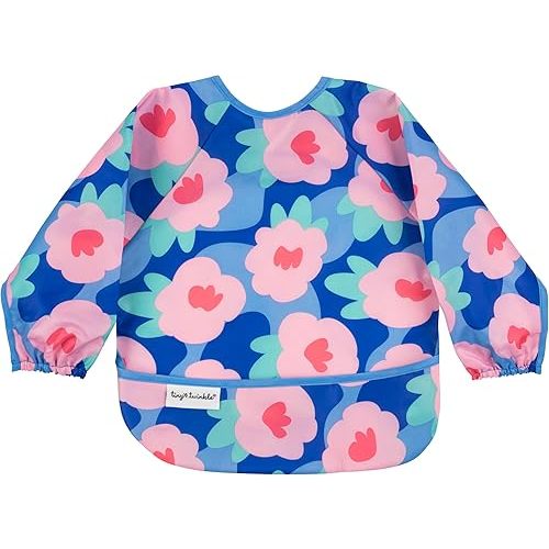 Tiny Twinkle Mess Proof Baby Bib,Waterproof Smock Baby Bib for Eating,Machine Washable Long Sleeve Bib,Baby Led Weaning,Toddler Bib,BLW Supplies(Floral Blue, Small 6-24 Months)