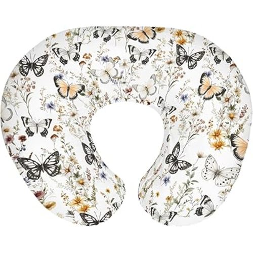 Boho Floral Butterflies Nursing Pillow Covers for Boy Girl Vintage Wildflowers Leaves Nursery Feeding Pillowcase for Breastfeeding Pillows Retro Spring Summer Soft Stretchy Cover for Newborn Infant