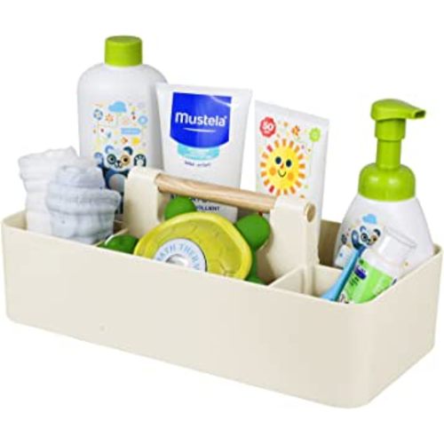 Baby Shower Caddy Plastic Nursery Portable Storage Organizer Caddy Tote for Child/Kids, Divided Basket Bin with Wood Handle for Bathroom, Dorm Room, Holds Hand Soap, Bottles, Spoons (Beige)