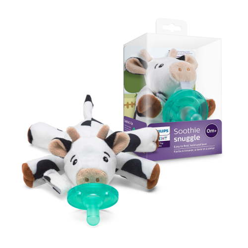 Philips Avent Soothie snuggle - Newborn Baby Pacifier with Soft Cow Plush Toy, BPA-Free, 0 Months + (Model SCF347/05)