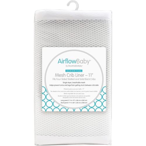 AirflowBaby by BreathableBaby, Breathable Mesh Liner for Cribs with 52"x28" (132x70cm) Mattress, White, Essential 2mm Mesh, 11" H (28cm) Style Covers 3 or 4 Sides, Safety Tested (Not for Mini Cribs)