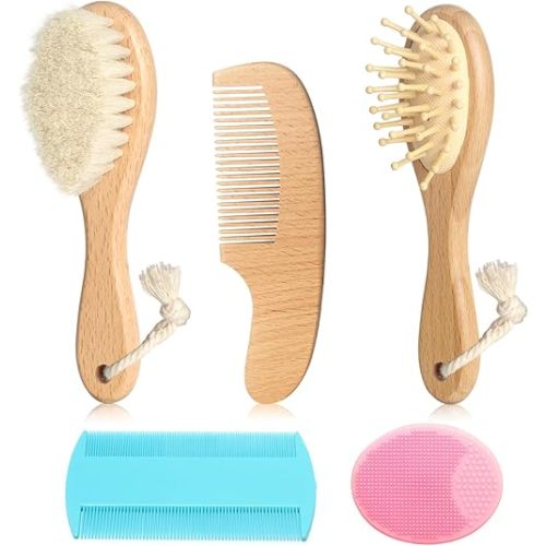 Goat Baby Hair Brush Set, Wooden Comb Massage Scalp Comb, Safe Natural Hair Care Kit, Soft Silicone Bath Brush for Newborns Toddlers (Brush Set+ Pink Massager)