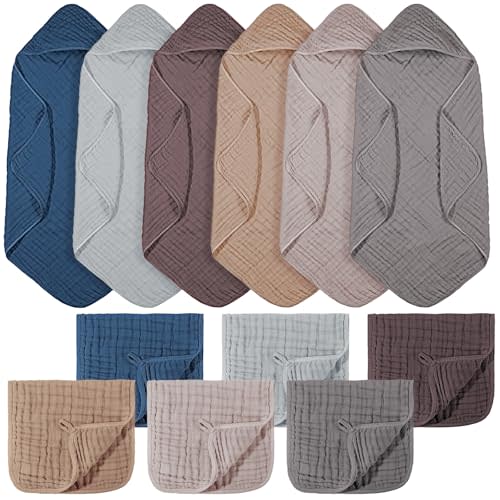 VitalCozy 12 Pcs Baby Muslin Hooded Bath Towels and Washcloths, Muslin Hooded Baby Towels Absorbent Blankets for Gift Newborn Infant Shower (Neutral Colors,35 x 35 Inch)
