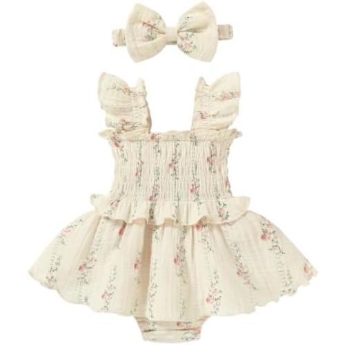 YOUNGER TREE Baby Girl Clothes Ruffle Romper Boho Dress Summer Cake Smash Outfits Infant Bodysuit with Headband