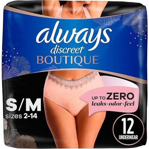 Always Discreet Boutique Adult Incontinence & Postpartum Underwear For Women, High-Rise, Size Small/Medium, Rosy, Maximum Absorbency, Disposable, 12 Count (Packaging May Vary)