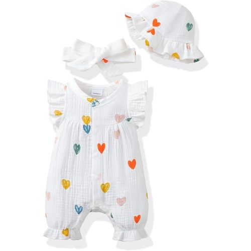 Renotemy Baby Girl Clothes Outfits Infant Summer Romper Cotton Linen Preemie Newborn Essentials Photography with Hat&Headband