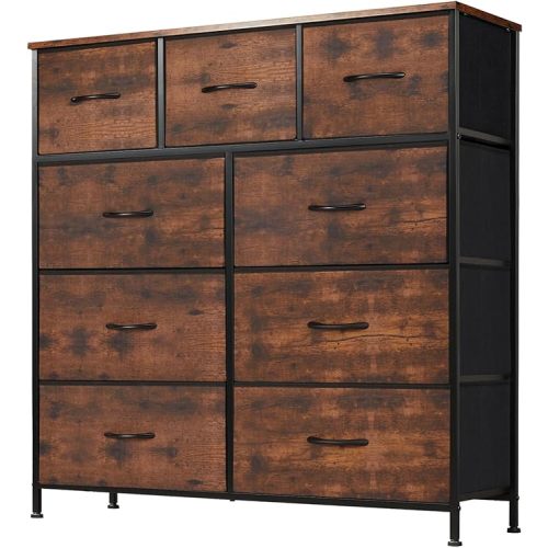 DUMOS Dresser for Bedroom, Storage Organizer with 9 Drawers, Chest of Drawers with Fabric Bins, Sturdy Metal Frame, Wood Tabletop for Guest Room, Closet, Entryway, Nursery