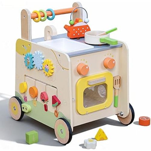 Wooden Baby Walker 3-in-1 Push Toy for Toddlers, Montessori Sensory Activity Center with Pretend Kitchen, Adjustable Speed Learning Walker, Safe Wooden Toy, Ideal Gift for Boys and Girls