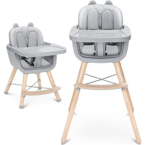 Rengue 3-in-1 Baby High Chair, Convertible Wooden High Chair for Babies and Toddlers with Adjustable Legs & Dishwasher Safe Tray, Sleek Beech & Premium Leather (Grey)