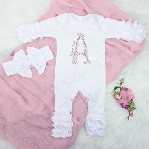 Personalized Monogrammed Baby Girl Outfit – Ruffled Newborn Romper - Floral Initial & Name – Baby Shower Gift – Custom Newborn Layette Set