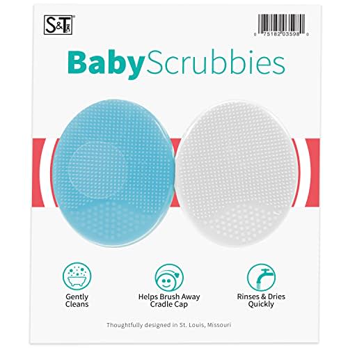 S&T INC. Exfoliating and Massaging Cradle Cap Bath Brushes for Baby, Silicone - 2 Inch x 2.5 Inch, Blue and White, 2 Pack