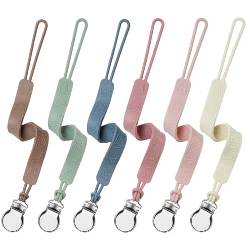 6 Pack Silicone Pacifier Clip, Seposeve Baby Pacifier Teether Clip with 4 Texture, Soft Flexible Silicone Pacifier Leashes & Cases for Boy and Girl, Keeps Pacifier Clean, 6 Colors