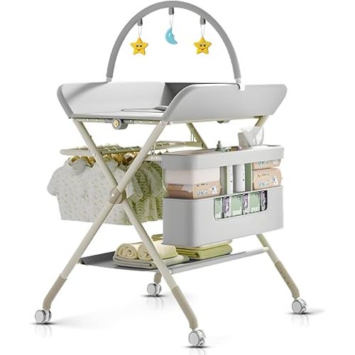 Foldable Portable Changing Table for Baby,Upgraded Style Baby Portable Diaper Changing Station with Wheels,Nursery Five Level Adjustable Height Changing Table with Organizer Storage(Grey)