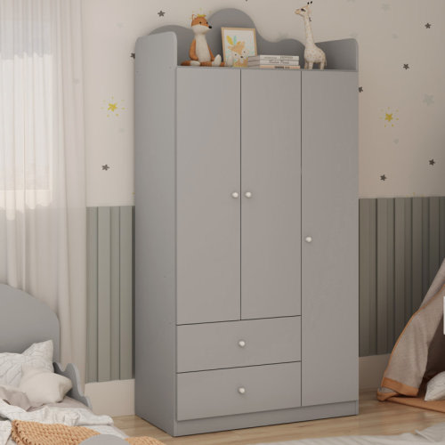 genialflex Cloud-Themed Tall Wardrobe Closet in Gray Finish – Engineered Wood Storage Cabinet with Hanging Rod, Shelves and Drawers – UV-Painted Surface – Modern Storage Solution – 18.3”D x 36.1”W x 73.8”H | Wayfair