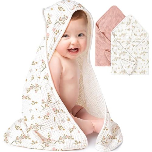 Konssy 2 Pack Muslin Hooded Baby Towels for Newborn Soft 100% Cotton Baby Bath Towel with Hood for Baby, Infant Ultra Absorbent, Natural Baby Stuff Baby Bath Shower Gifts (Pink, Floral,32" x 32")
