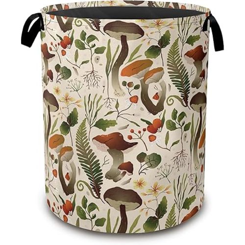 Mushroom Forest Laundry Hamper,Collapsible Laundry Baskets,Herbs Flowers Dirty Clothes Baskets with Handles,Oxford Cloth Hamper for Bedroom,Bathroom,College Dorms, 16"x20"