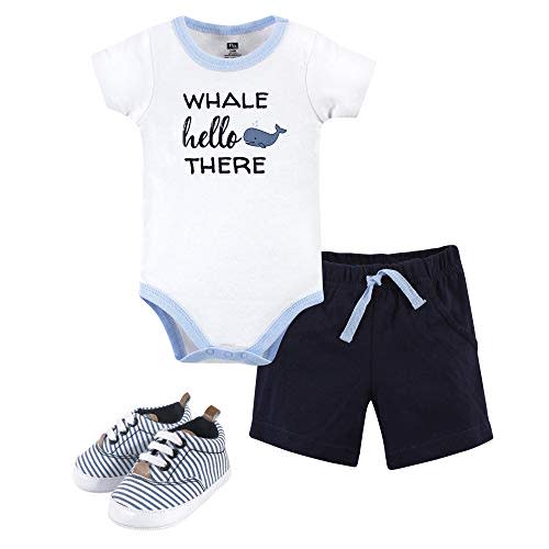 Hudson Baby Unisex Baby Cotton Bodysuit, Shorts and Shoe Set