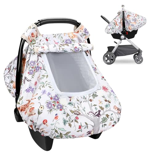 CARUILI Baby Car Seat Cover, Minky Infant Car Seat Covers for Babies, Windproof & Breathable Carseat Cover Boy with Peep Window, for Protecting Baby from Wind & Sun (Woodland Animals)