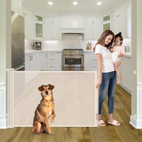 Retractable Baby Gates for Doorways, Extends Up to 56" Wide Retractable Pet Gate, Retractable Dog Gate for The House, Child Gate Mesh Baby Gate for Stairs, Doorways, Hallways, Porch, Deck, Beige