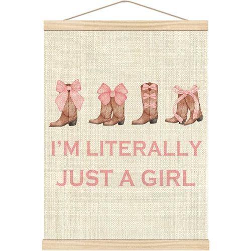 Boat Wades Pink Coquette Bow Poster Hanger Frame,Western Cowgirl Boots Wooden Poster Hangers 12x16 Inch,Pink Cowgirl Wall Art For Teen Girly Girls Room Dorm Decoration