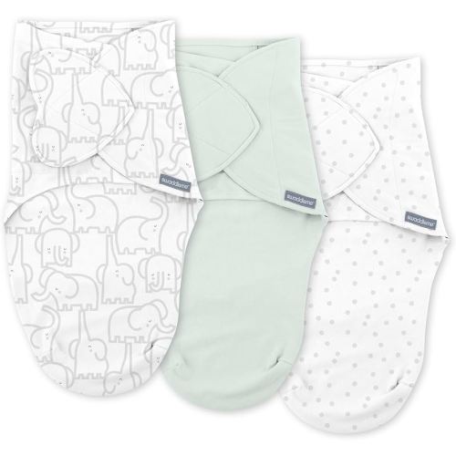 SwaddleMe by Ingenuity Monogram Collection Baby Swaddle, 100% Cotton, Improves Sleep & Calms Startle Reflex, 0-3 Months, Pocket Fold Design for Easy Changes, 1.0 TOG, 3-Pack - Elephant Dance