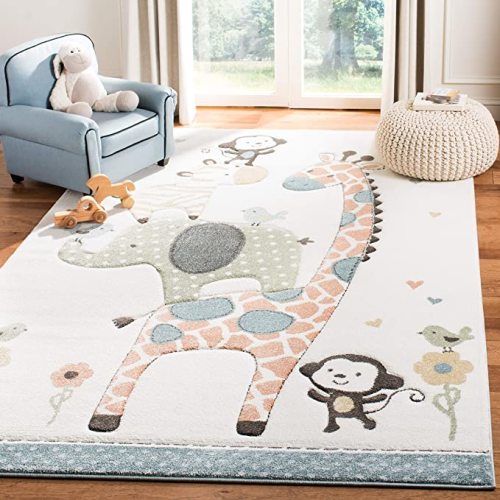 SAFAVIEH Carousel Kids Collection Area Rug - 5'3" Square, Ivory, Animal Design, Non-Shedding & Easy Care, Ideal for High Traffic Areas for Boys & Girls in Playroom, Nursery, Bedroom (CRK120A)