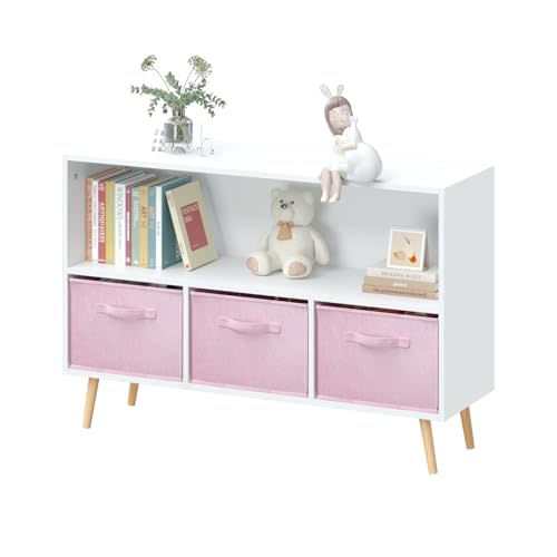 Kids Bookcase and Bookshelf, Multi Shelf Toy Storage Organizer, Kids Bookshelf with 3 Collapsible Fabric Drawers and Pine Legs, Kids Book and Toy Display Rack for Bedroom, Playroom White+Pink