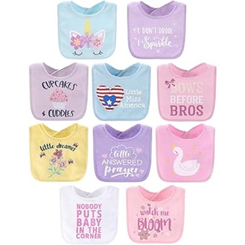 The Peanutshell Baby Girl Terry Bib Set of 10-100% Cotton, Soft, Absorbent Baby Bibs for Girls, Toddler Set, Newborn & Infant - Pastel Girl