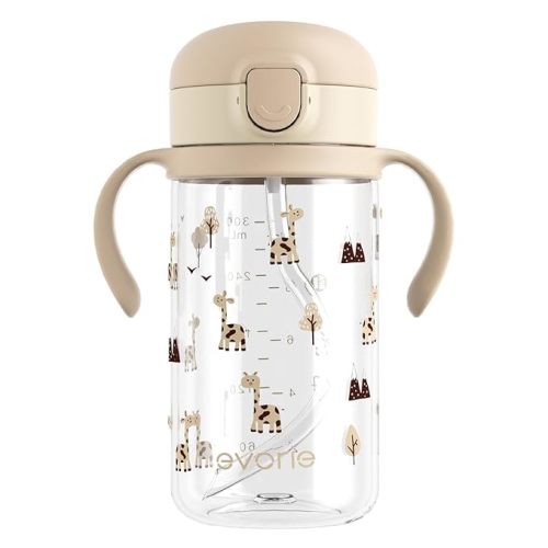 Evorie Tritan Spill Proof Toddler Straw Sippy Cup, 10 oz for Baby and Toddlers 1-3 Years Old, No Spill Straw Water Bottle with Removable Handles, Ideal for School, BPA-Free, Giraffe (NEW)