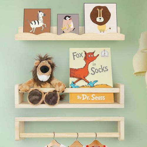 Floating Book Shelves for Wall, 16.5" Natural Wood Nursery Shelves for Book Storage, Solid Pine Wooden Floating Bookshelf for Bedroom Living Room, Set of 2+1, Unfurnished - DIY