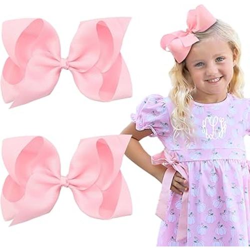 Oaoleer 2PCS 6inch Hair Bows Clips, Pink Layered Grosgrain Ribbon Bows Hair Alligator Clips Hair Barrettes for Baby Girls Infants Toddlers Kids Teens Children