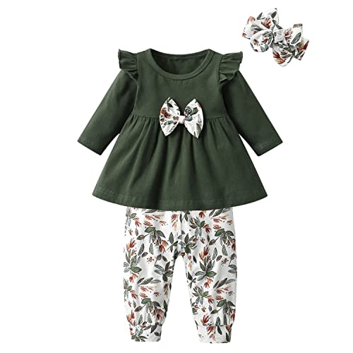 3PCS Baby Girl Clothes Ruffle Floral Shirt Tops Pants Headband Outfit Sets