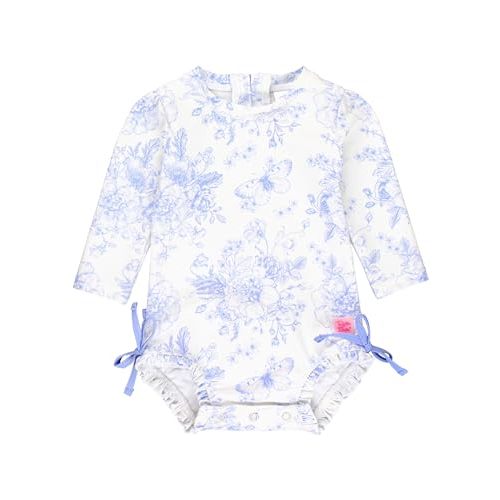 RuffleButts Baby Girls UPF 50+ Sun Protection Floral Printed Long Sleeve One Piece Rash Guard Swimsuit with Zipper