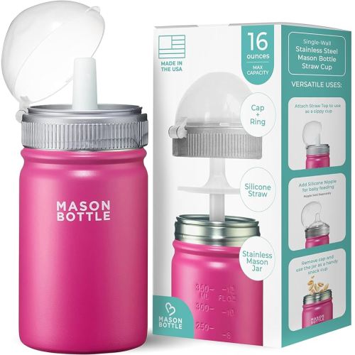 Mason Bottle Vaso Mason para niños con tapa y pajita, vaso para beber de acero inoxidable de 16 onzas, sin bisfenol A y a prueba de derrames, boca regular, taza de aperitivo de una sola pared, vaso