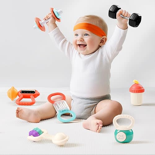 iPlay, iLearn Baby First Gym Rattle Set, Infant Dumbbell Weights Teething Rattles 3-6-12 Month, Newborn Workout Sensory Stroller Toy, Babies Birthday Shower Gift 5 7 8 9 10 Month Toddler Boy Girl-7PCS