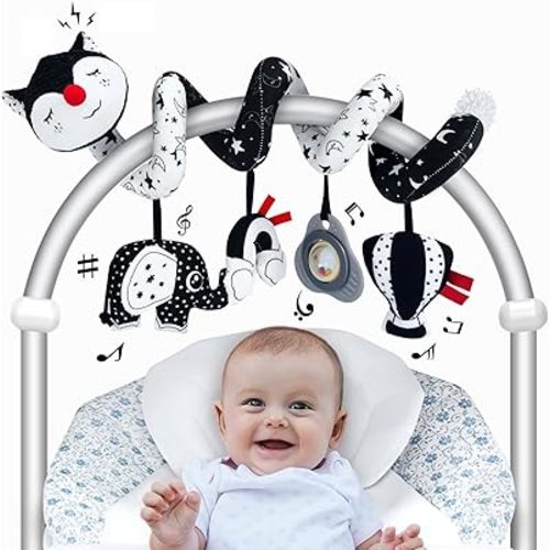 Car Seat Toys for Babies 0-6 Months, Black and White Spiral Carseat Toys for Infant 0-3 Months, High Contrast Toys for 3-6 Months Newborn Toys, Stroller Toys for 0 3 6 9 12 Months Baby Ideal Gift