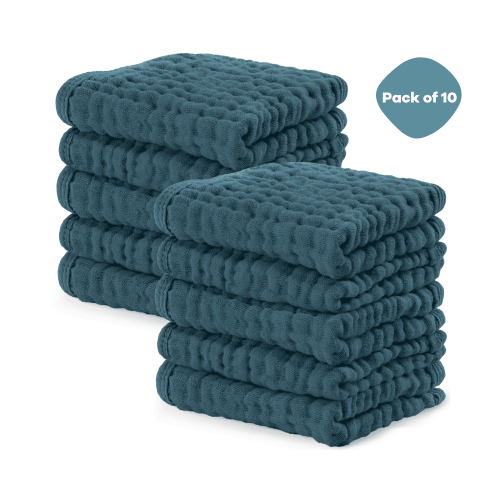Comfy Cubs Baby Washcloths, Muslin Cotton Baby Towels, Large 10”x10” Wash Cloths (Neptune, Pack of 10)