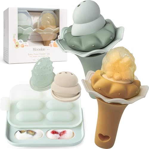 Moonkie Baby Fruit Feeder with Freezer Tray | BPA Free Silicone Infant Food Feeder | Two Sizes Pouches and Breastmilk Popsicle Molds for Cooling Relief | Baby Shower Gifts 4 Months+, 2 Pack