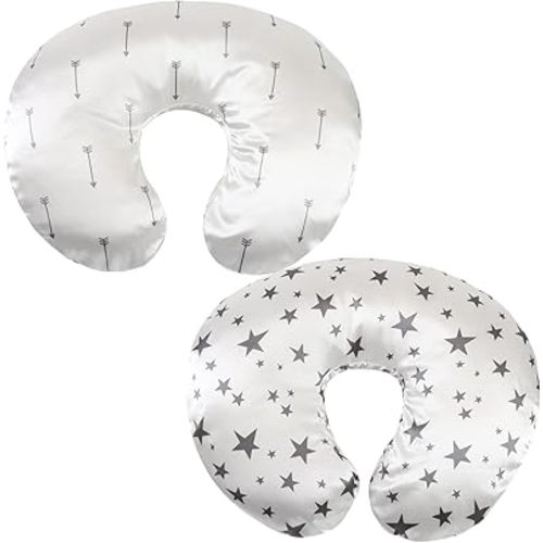 Satin Nursing Pillow Cover Set 2 Pack Ultra Soft Silk Compatible with Boppy Pillow for Breastfeeding Pillow Protect for Baby Hair and Skin Grey Arrows & Stars