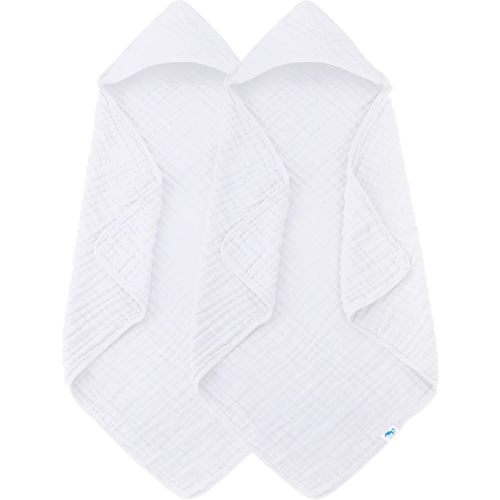 SWEET DOLPHIN Muslin Hooded Baby Bath Towels - 2 Pack 100% Cotton Towel for Babies, Infants, Toddlers - 32x32Inch - Highly Absorbent and Newborn Essential, White