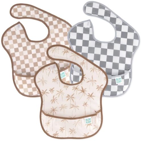 Bumkins Bibs for Girl or Boy, SuperBib Baby and Toddler for 6-24 Months, Essential Must Have for Eating, Feeding, Baby Led Weaning Supplies, Mess Saving Catch Food, 3-pk Palms and Checks