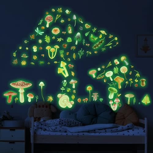 Glow in The Dark Mushroom Wall Decals, Watercolor Woodland Mushroom Stickers for Ceiling, Aesthetic Colorful Mushroom Decor for Baby Kids Girls Bedroom Nursery Decorations