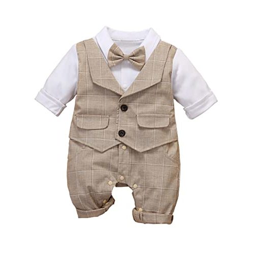 HMD Baby Boy Long Sleeve Gentleman White Shirt Waistcoat Bowtie Tuxedo Onesie Jumpsuit Overall Romper