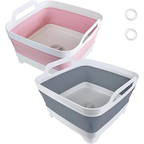 GIMWA Collapsible Wash Basin with Drain Plug - 2.4 Gallon Foldable Kitchen Sink for Baby Bottles, RV Camping, Space-Saving Dish Tub (Gray-Pink)