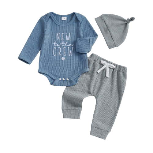 Curenmufel Baby Boy Outfits Fall Season Newborn Infant Baby Boy Clothes Fall Winter Outfit Long Sleeve Letter Romper + Elastic Waist Pants + Hat 3Pcs Set 0 3 6 9 12 18 24 Months (Blue,0-3 Months)
