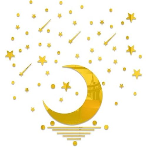 Star Stickers 3D Acrylic Mirror 65 Pcs DIY Wall Stickers Shooting Star Moon Removable Decals Art Self-Adhesive Home Living Room Bedroom Classroom Playroom Decor Gold