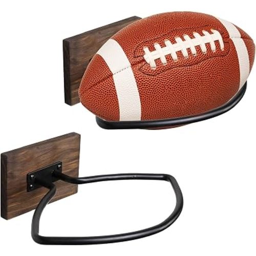 MyGift Wall Mount Football Display Rack, Rustic Wood and Industrial Black Metal Mounted Sports Ball Holder, Sports Room Decor, Set of 2