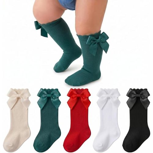 Baby Girl Knee High Socks with Bows Soft Cotton Ruffle Long Stockings Smooth Sole Infant Toddler Uniform