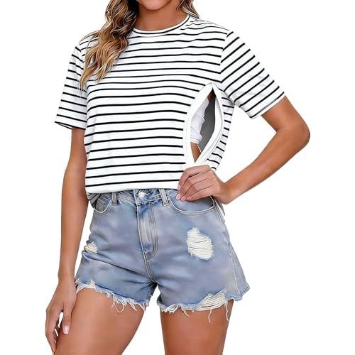 UNIQUEONE Comfort Breastfeeding Shirts for Women Zip Nursing Tops Casual Distressed Acid Washed Maternity Tees