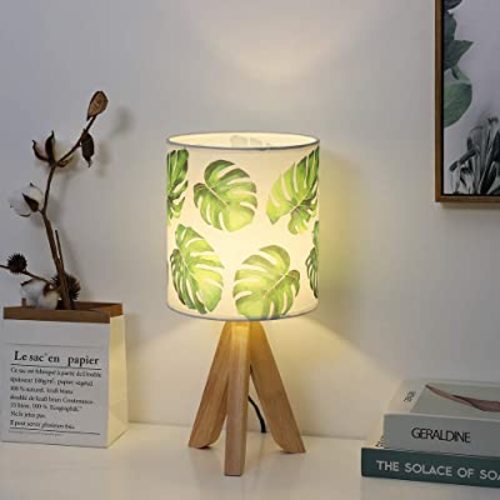 HAITRAL Small Table Lamp - Tripod Nightstand Lamp, Modern Bedside Desk Lamp for Kids Room, Girls Room, Bedroom, Dorm Room, Office with Wooden Base Fabric Lamp Shade